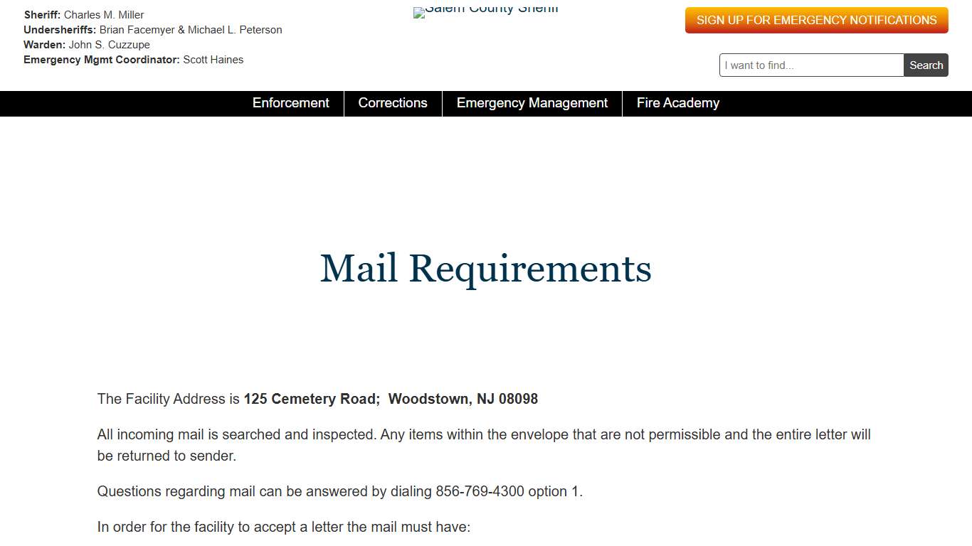 Mail Requirements | Salem County Sheriff's Office