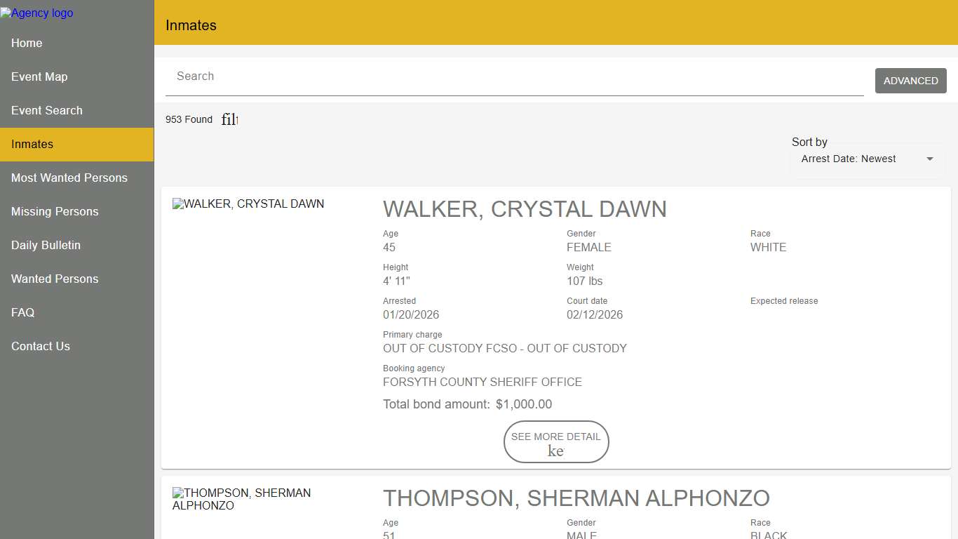 Forsyth County Sheriff's Office | Police to Citizen - Inmates catalog